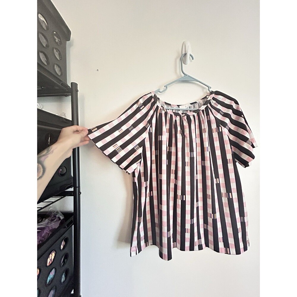 Vintage 1970s Lind Clare Checkered Geometric Short Sleeved Peasant Blouse